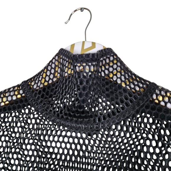 AKRIS Top Womens 8 Black Grid Shirt Mesh Fishnet High Neck Poncho Top Designer - Picture 5 of 12